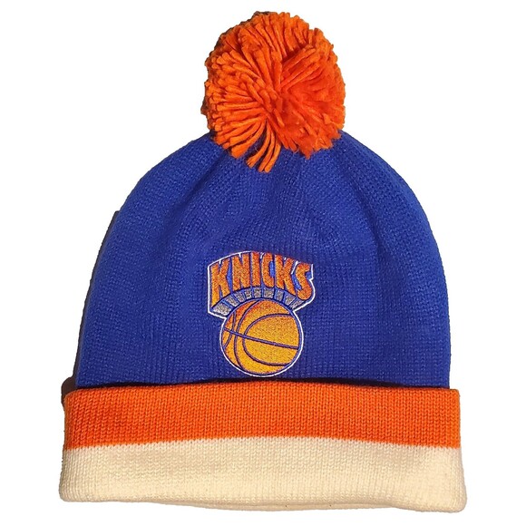 Mitchell & Ness Beanie New York Knicks Knit Cap Cuffed Winter Hat Embroider Pom - Picture 1 of 12